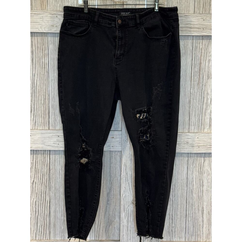 Judy Blue Jeans Womens Size 20W Black Distressed Leopard Raw Hem Skinny Stretch